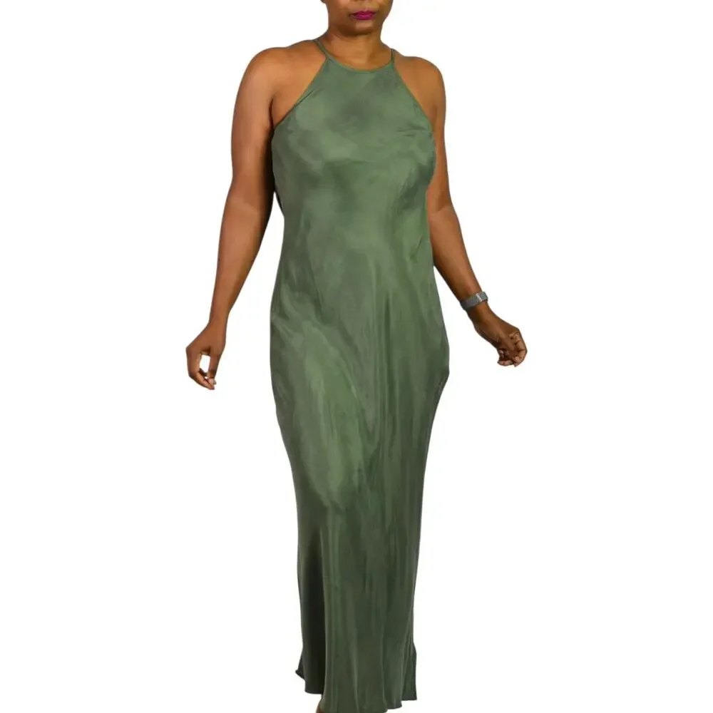 J Crew Amber Slip Dress Green Cupro Halter Maxi Bias Keyhole Silky Slipdress 6